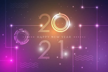 Mutlu yıllar 2021 metin tasarımı. Gelecekçi teknoloji geçmişi. Vektör illüstrasyonu