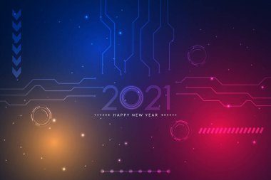 Mutlu yıllar 2021 metin tasarımı. Gelecekçi teknoloji geçmişi. Vektör illüstrasyonu