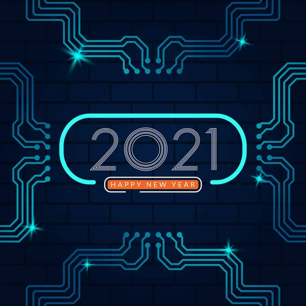 2021 yılı. Yeni yılın kutlu olsun. Devre kartı teknolojisi geçmişi olan yeni metin tasarımı. Vektör illüstrasyonu