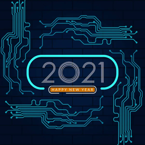 2021年 具有电路板技术背景的2021年新年快乐的文字设计 矢量说明 — 图库矢量图片
