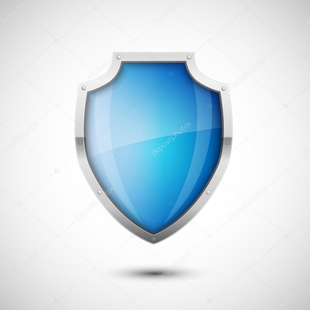 Vector Blue Shield, Glossy Protection Concept on White Background