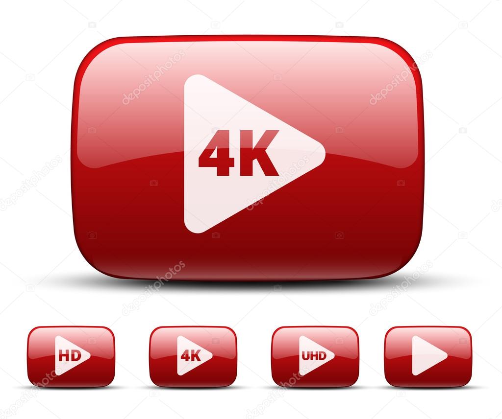 Vector red video icons set with play symbol and   4k ultra high resolution logo