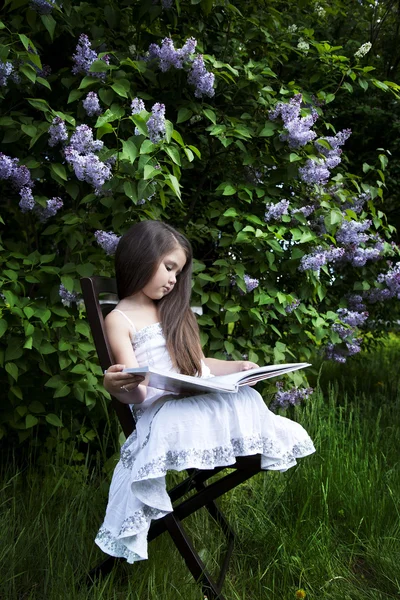 Милая маленькая девочка, одетая в белое платье, сидит в саду в парке и читает книгу. Цветущие сирени на заднем плане — стоковое фото