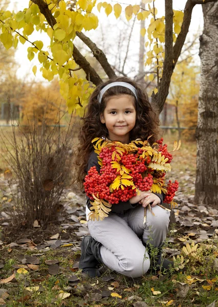 Little cute girl with dark curly hair sitting in the autumn forest with a bouquet of rowanberry — Stock Photo, Image