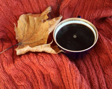 Örgü battaniye, kuru yapraklar ve bir fincan kahve.