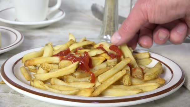 Eating French Fries Catsup Slow Motion — Stock Video