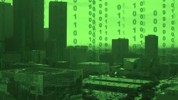 Binary Computer Code Scrolling Los Angeles Skyline Futuristic Concept — Stock Video