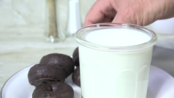 Dunking Chocolate Covered Donut Glass Milk — Stock Video