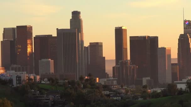 Pan Downtown Los Angeles Skyline Sunset — Stock Video