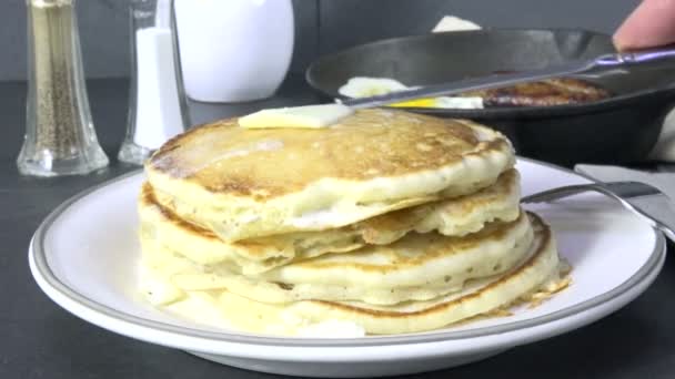 Spreading Butter Stack Fresh Hot Pancakes — Stock Video