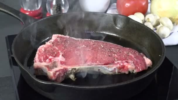 Frying New York Strip Steak Cast Iron Skillet — Stock Video