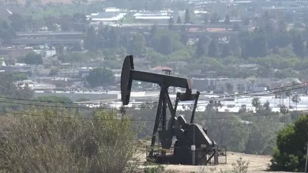 在洛杉矶上空一座山上工作的油泵千斤顶 — 图库视频影像