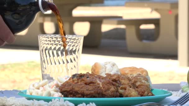 Verter Cola Vaso Sobre Una Mesa Picnic Cámara Lenta — Vídeos de Stock