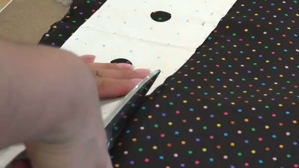 Closeup Tailor Cutting Fabric Scissors — Stock Video