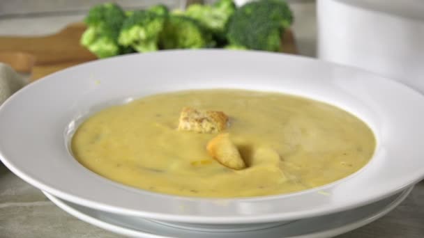 Adding Croutons Broccoli Cheese Soup Eating Spoonful — Stock Video