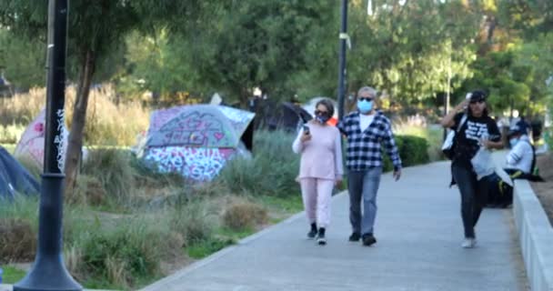 Лос Анджелес Калифорния Сша Ноября 2020 Года Пешеходы Прогуливаются Палаткам — стоковое видео