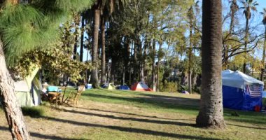 Los Angeles, CA USA - 29 Kasım 2020: Los Angeles 'taki Echo Park' a dağılmış evsiz insanlar çadırı