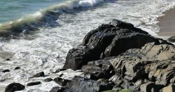 Hög Vinkel Syn Vågor Bultar Stenen Stranden Sommardag — Stockvideo