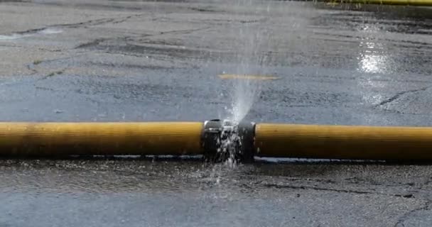 Вода Розбризкується Вулицю Єднання Пожежному Шланзі — стокове відео