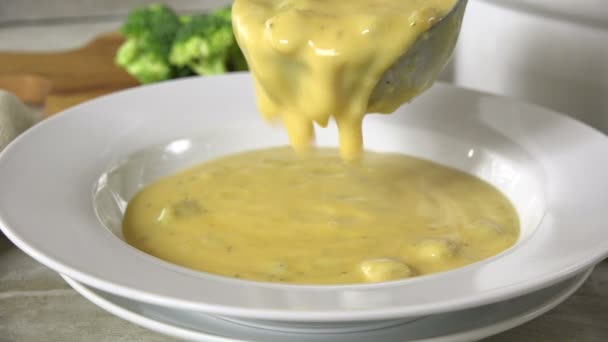 Serveren Broccoli Kaas Chowder Closeup — Stockvideo