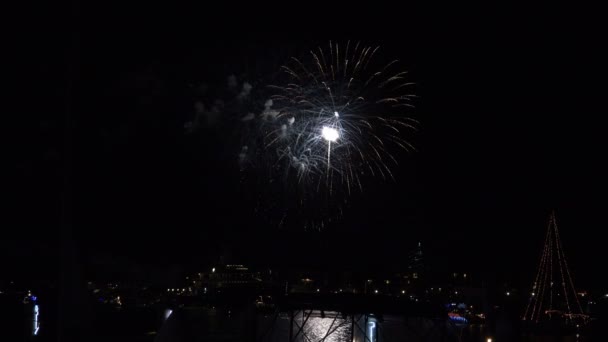 Feux Artifice Vacances Sur Port Plaisance Avec Voilier Décoré Lumières — Video