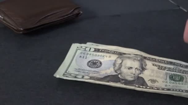 Closeup Spreading Twenty Dollar Bills Out Counter Wallet — Stock Video
