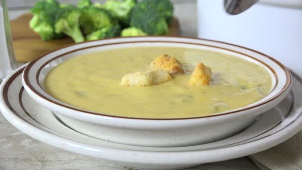 Eating Spoonful Broccoli Cheese Soup Slow Motion — Stock Video