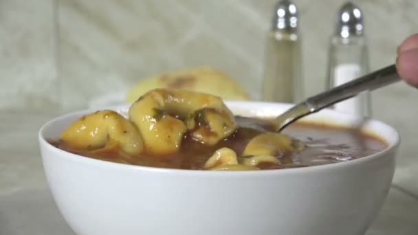 Manger Une Cuillerée Soupe Tortellini Fraîche Chaude — Video