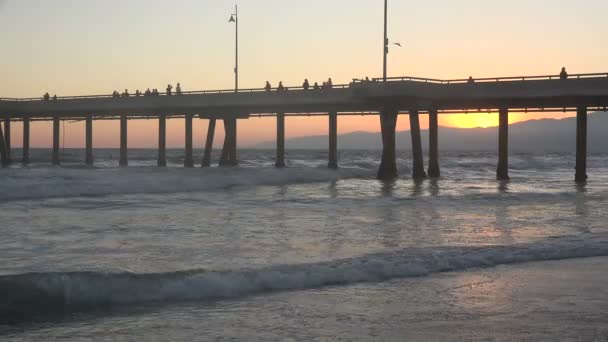 Silhouettes Tourists Pier Venice California Sunset — Stock Video