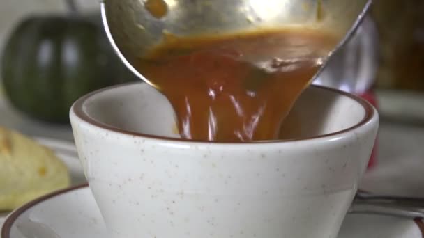 Llenando Sopa Caliente Tortellini Una Taza Cerca — Vídeo de stock