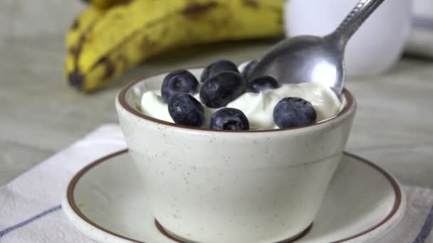 Eating Spoonful Greek Yogurt Slow Motion — Stock Video
