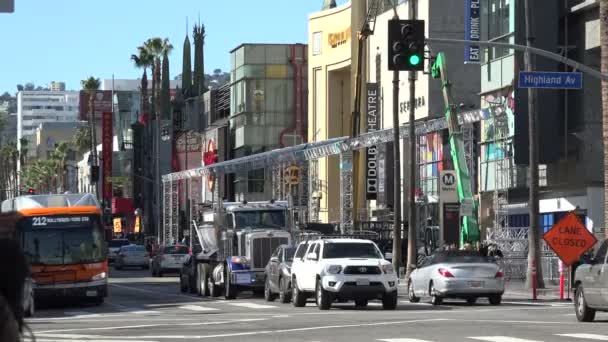 Hollywood Enero 2020 Tribunas Iluminación Escénica Sonido Instalan Paseo Fama — Vídeo de stock