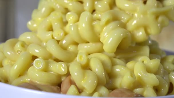 Spooning Macaroni Cheese Hot Dogs Bowl Very Close Slow Motion — Stock Video