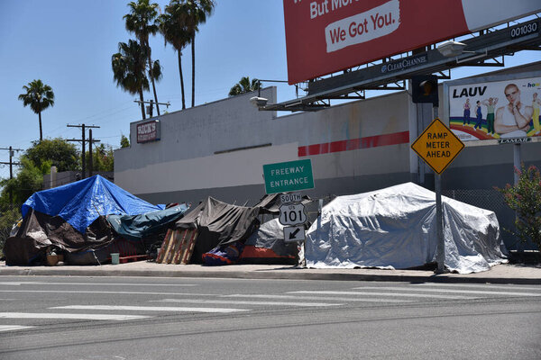 Los Angeles, CA USA - June 8, 2020: Homeless encampment on the on ramp to the 101 Freeway