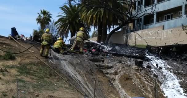 Λος Άντζελες Ηπα Μαρτίου 2021 Πυροσβέστης Σβήνει Φωτιά Καταυλισμό Αστέγων — Αρχείο Βίντεο