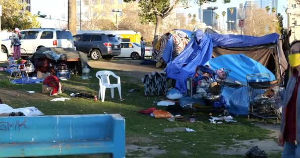 Los Angeles Usa January 2021 Trash Strewed Homeless Camp Macarthur — стоковое видео