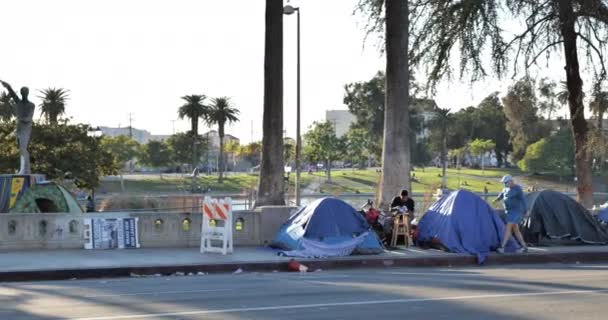 2021年1月27日 美国加利福尼亚州洛杉矶 位于麦克阿瑟公园的威尔郡大道 Wilshire Blvd 沿线的无家可归者帐篷 — 图库视频影像