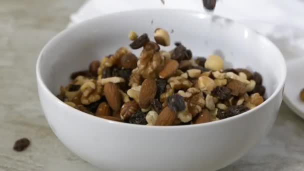 Verter Mezcla Trail Con Almendras Anacardos Pacanas Pasas Tazón Blanco — Vídeo de stock