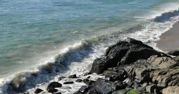 Pasifik Okyanusu Kıyısındaki Bir Kayanın Üzerinde Büyük Dalgalar Kırılıyor — Stok video