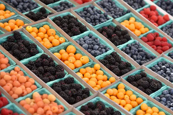 Baskets Fresh Assorted Berries Outdoor Farmers Market — Stock Photo, Image