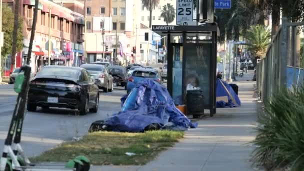 Los Angeles Usa Dezember 2020 Obdachlosenlager Der Nähe Einer Bushaltestelle — Stockvideo