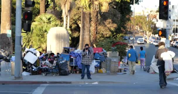 2021年1月29日 美国加利福尼亚州洛杉矶 洛杉矶麦克阿瑟公园入口拐角处的无家可归者营地 — 图库视频影像