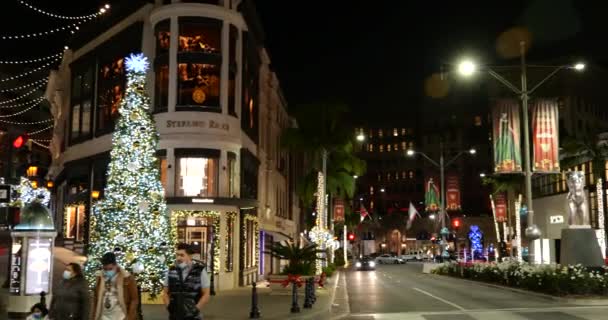 Beverly Hills Usa December 2020 Christmas Tree Decorations Rodeo Drive — Stock Video