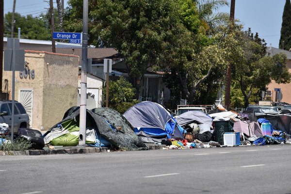Los Angeles, CA USA - June 30, 2021: Homeless encampment on Venice Boulevard on the west end of LA
