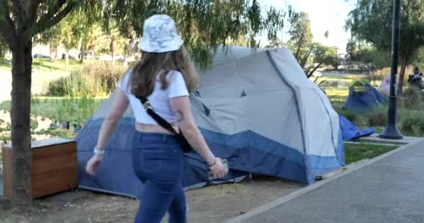 Los Angeles Usa November 2020 Homeless Tents Line Walkway Lake — Stock Video