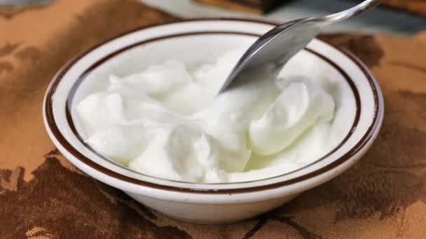Taking Spoonful Coconut Plain Yogurt Slow Motion — Stock Video