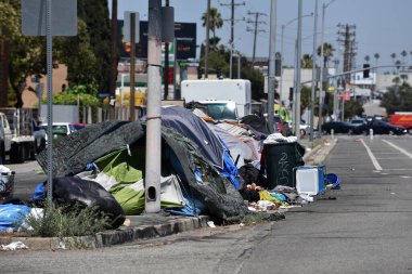 Los Angeles, CA USA - 30 Haziran 2021: Los Angeles 'ın batı ucundaki Venice Bulvarı' ndaki bir trafik adasında evsiz kampı