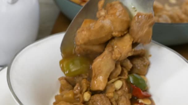 Löffeln Kung Pao Chicken Eine Schüssel Super Zeitlupe Nahaufnahme — Stockvideo