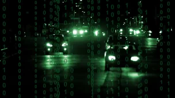 Traffic City Night Green Night Vision Color Binary Computer Code — Stock Video