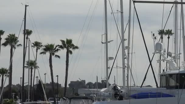 マリーナ レイの帆船のマストを離陸するのを見たジェット飛行機 — ストック動画